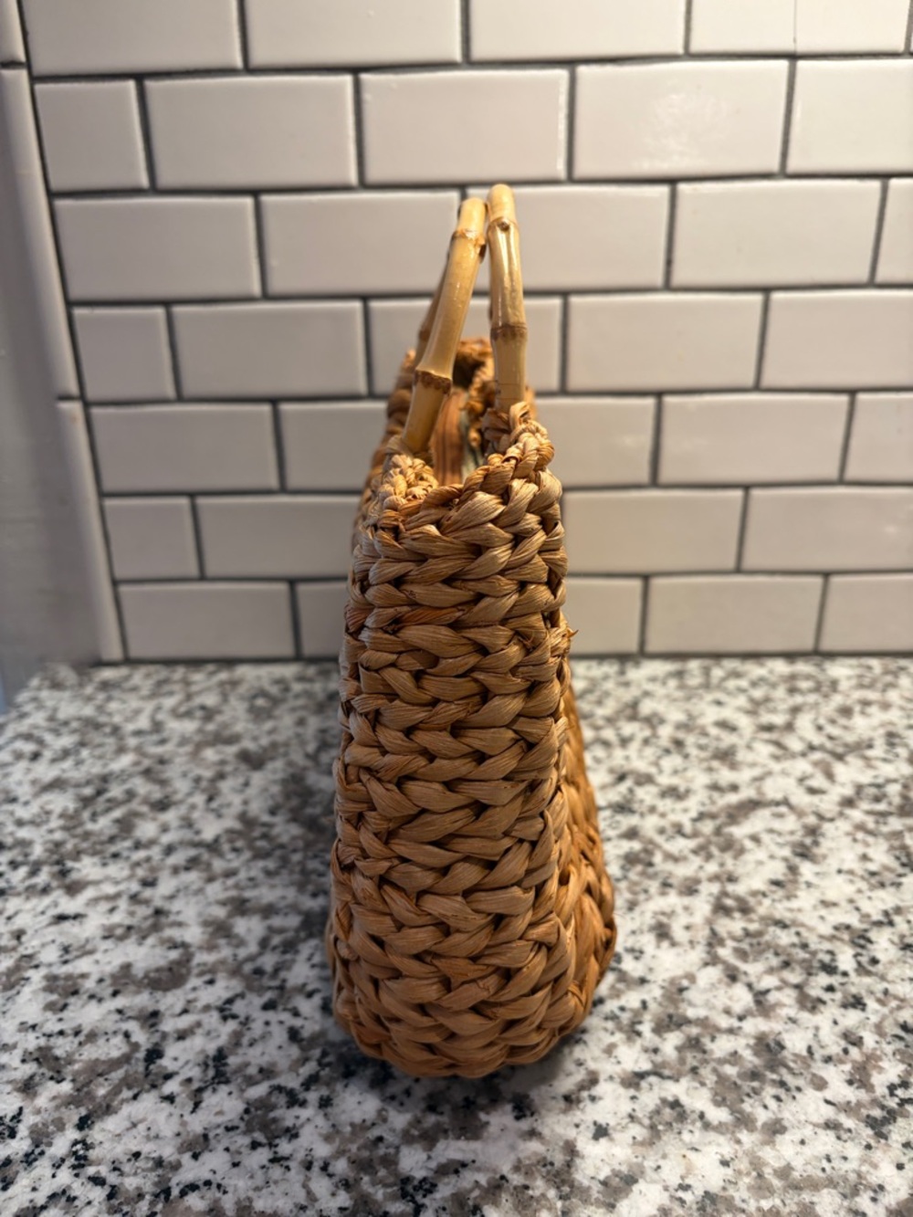 White Stag Woven Straw Tote in Natural Tan with Bamboo Handles - Picture 3 of 9